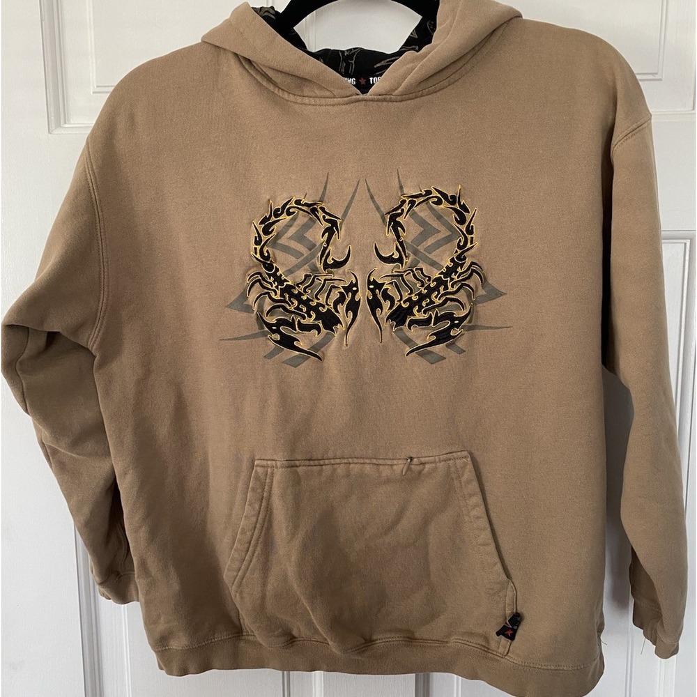 VTG Top Heavy Hoodie Youth XL Tan Scorpion Tribal Embroidered Skater Y2K Grunge